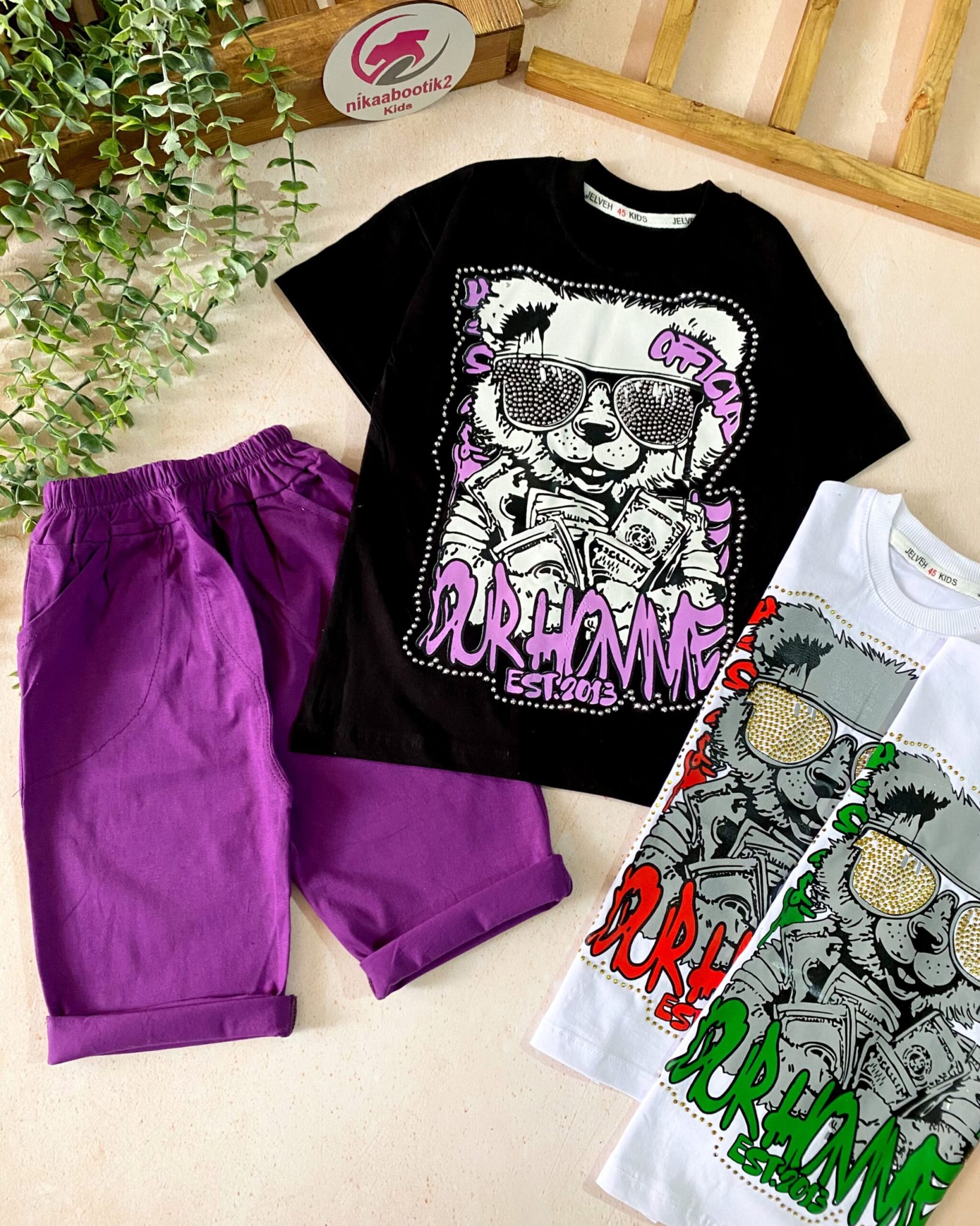 631BAD0D-7AC5-408B-BE82-40BF732B1FEB تیشرت شلوارک خرس نگینی - Image 1